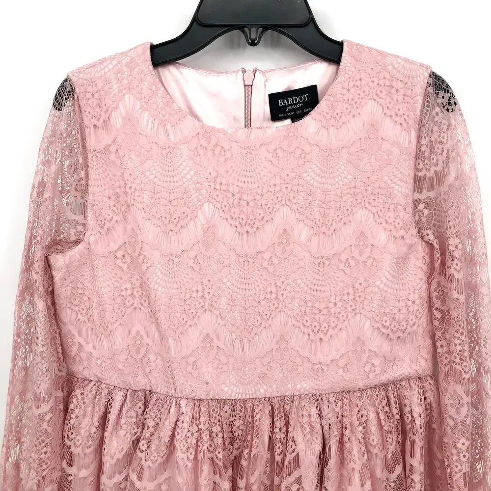 BARDOT JUNIOR Girl Gertrude Lace Dress Size 16 Pink Potpourri Long Sleeve NWT